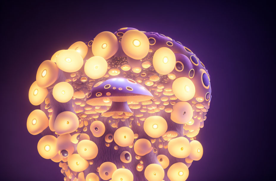Abstract 3D Rendering of Illuminated Spherical Clusters on Purple Background