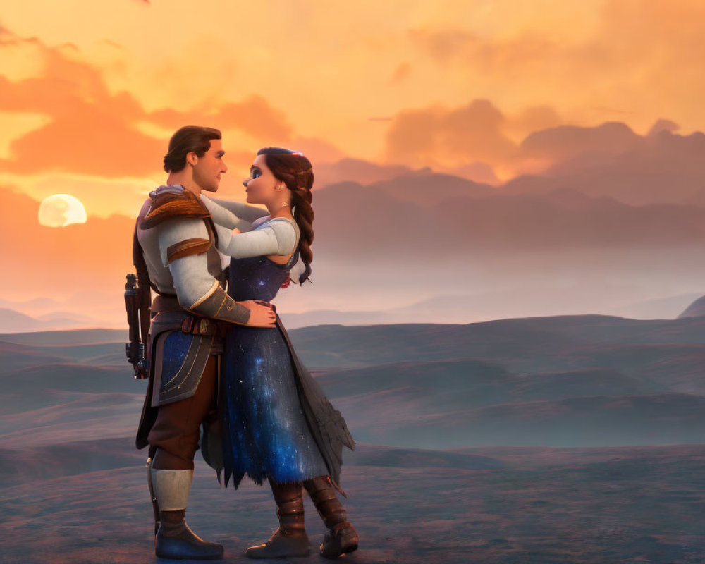 Animated characters gaze into each other's eyes against sunset backdrop.