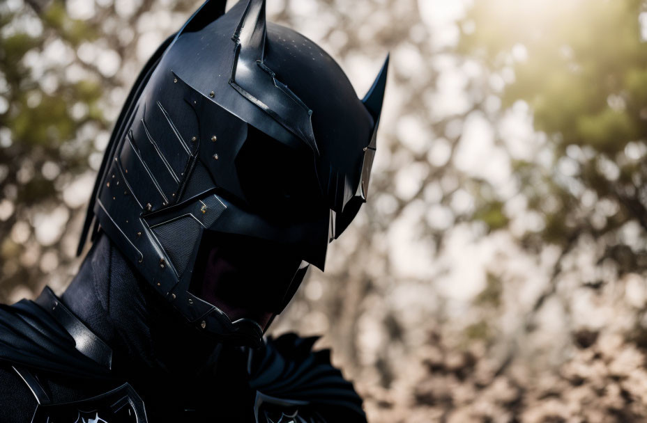 Detailed Batman Costume with Cowl and Pointed Ears Outdoors