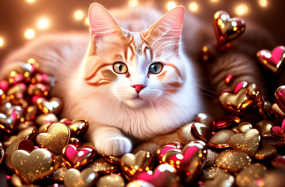 Ginger and White Cat with Blue Eyes Among Heart Decorations and Lights