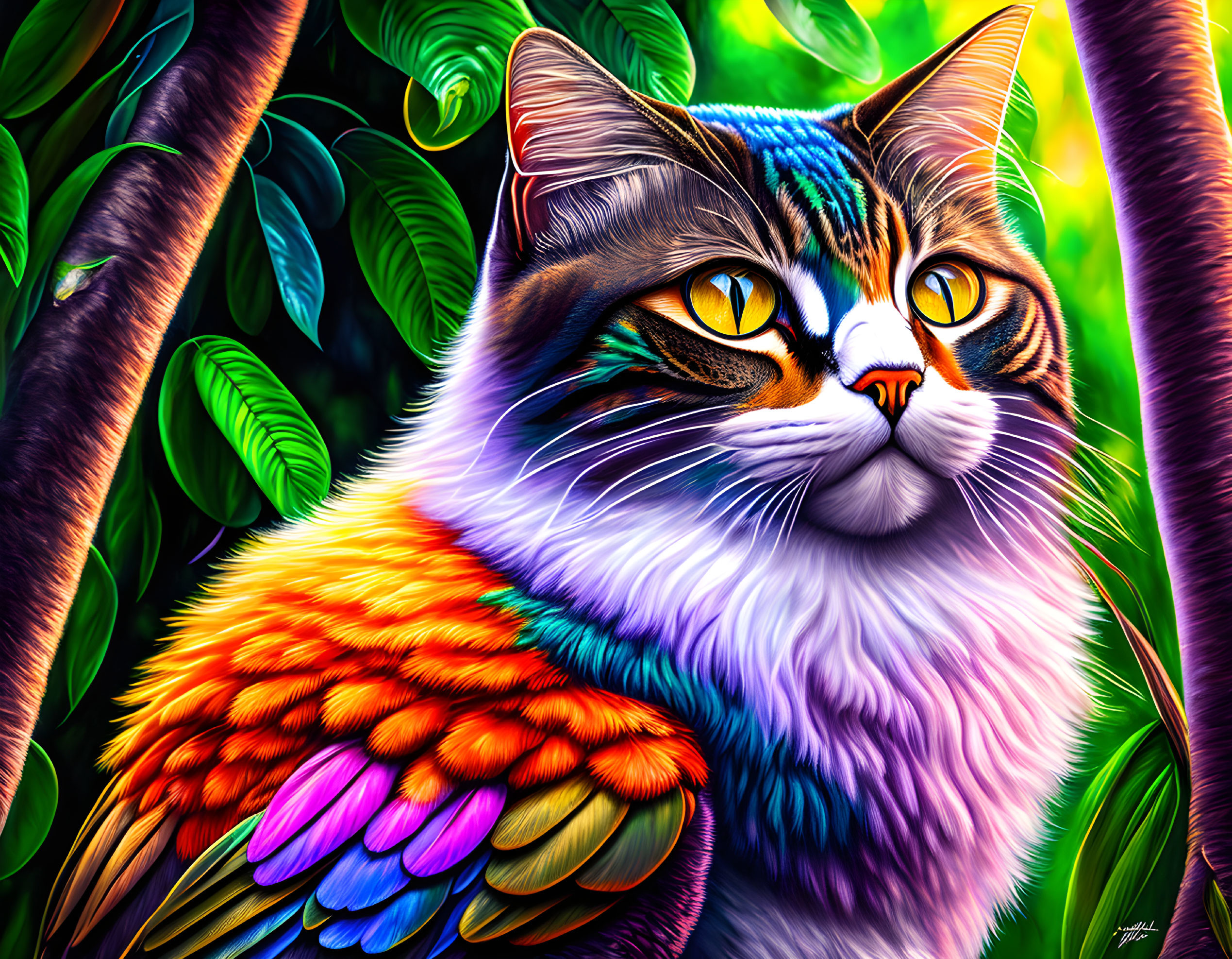 Colorful Cat with Bird-Like Wings in Lush Jungle Setting