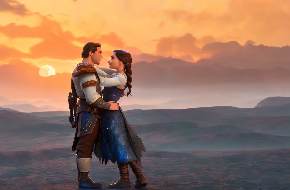 Animated characters gaze into each other's eyes against sunset backdrop.