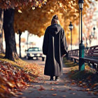 Person in Dark Coat Walking on Autumn Path with Park Bench