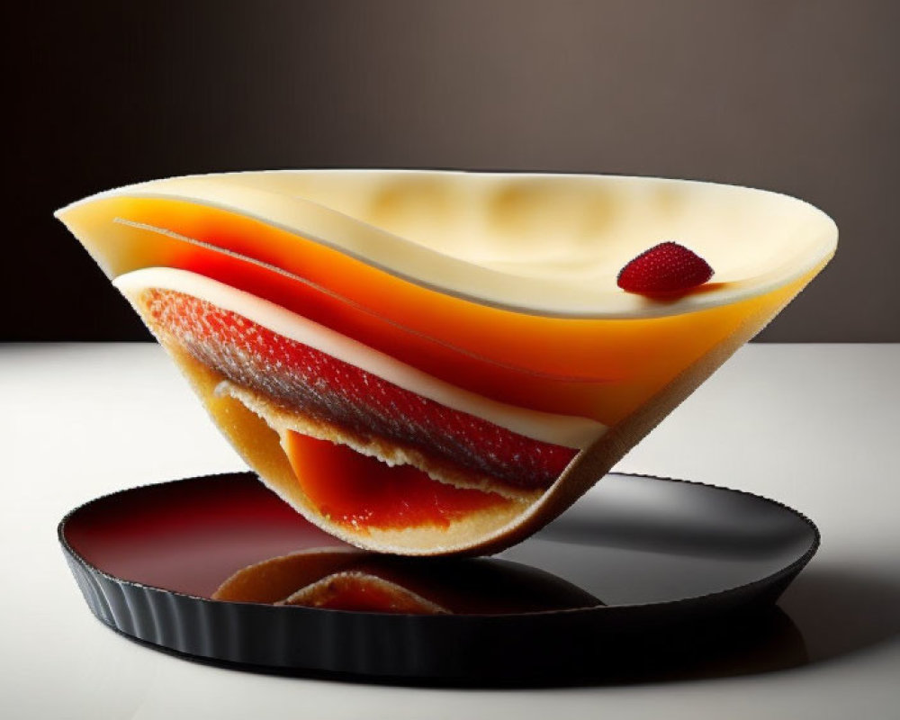 Cream and orange gradient layered dessert on dark circular plate with reflection