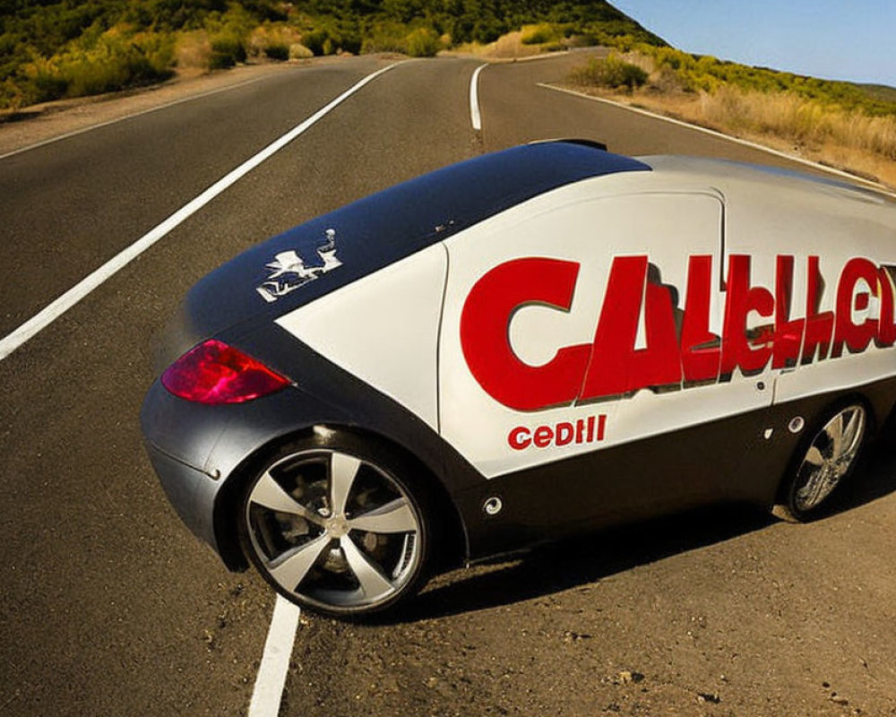 Branded car with custom advertising graphics on empty road in hilly terrain