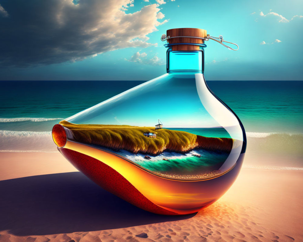 Surreal flask-shaped bottle with ocean landscape on beach backdrop