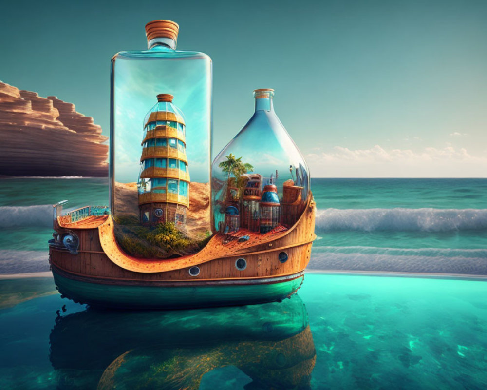 Composite Image of Ship with Glass Top Lighthouse and Tropical Scene