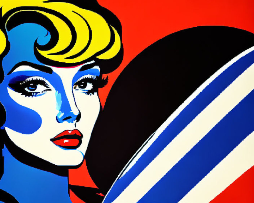 Pop Art Style Illustration of Woman with Bold Blue Shadows on Red Background