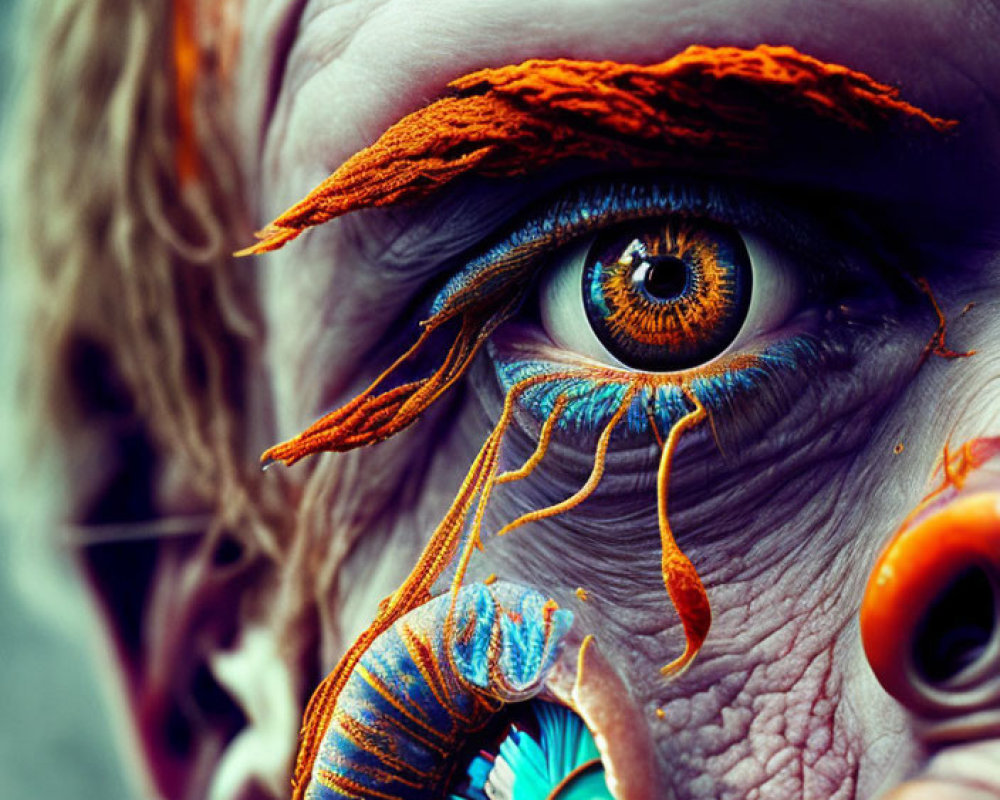 Close-up Photo: Vibrant Blue and Orange Makeup on Detailed Face Textures