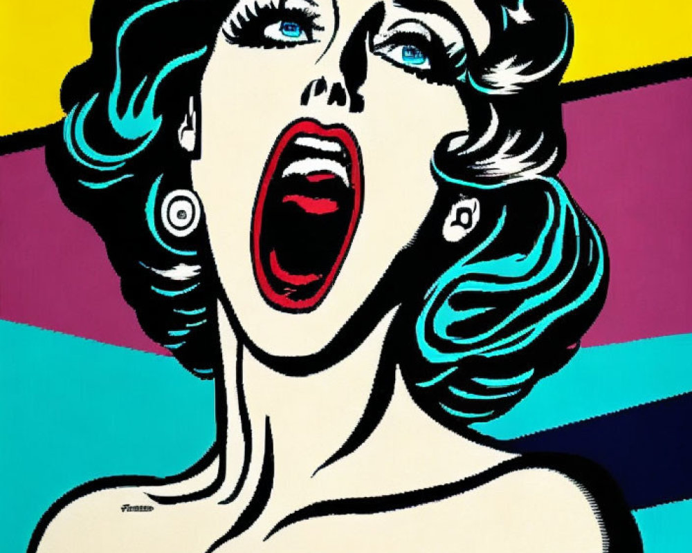 Colorful Pop Art Style Illustration: Woman with Blue Hair in Shock Expression on Striped Background
