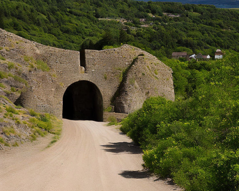 Rustic dirt road to old stone tunnel surrounded by lush greenery