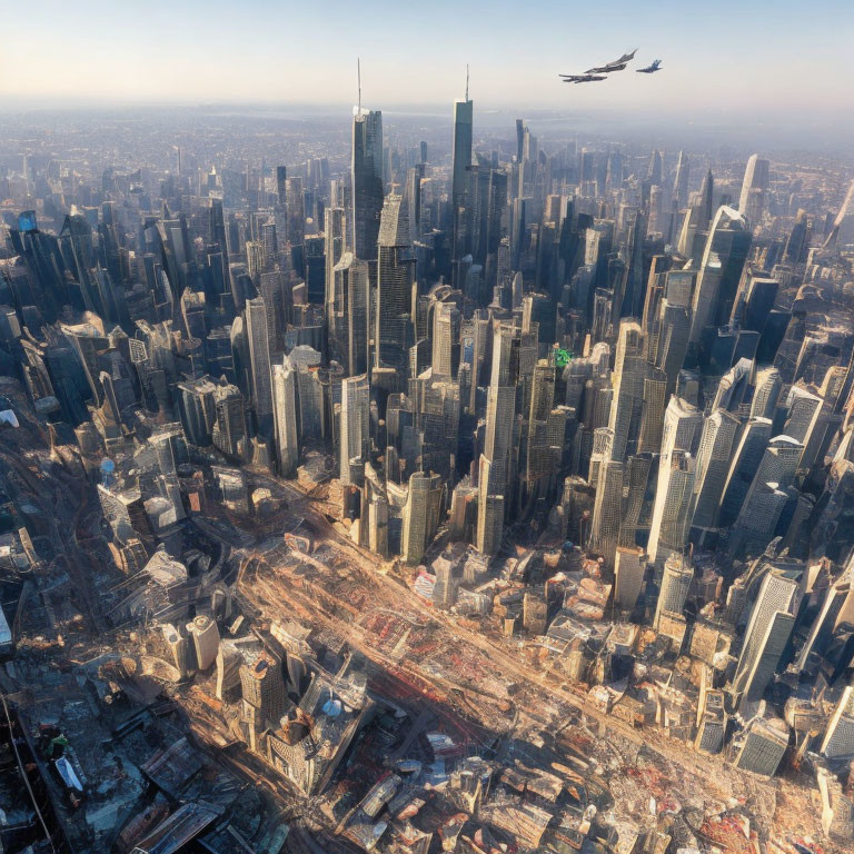 Urban Cityscape with Skyscrapers and Airplane in Aerial View