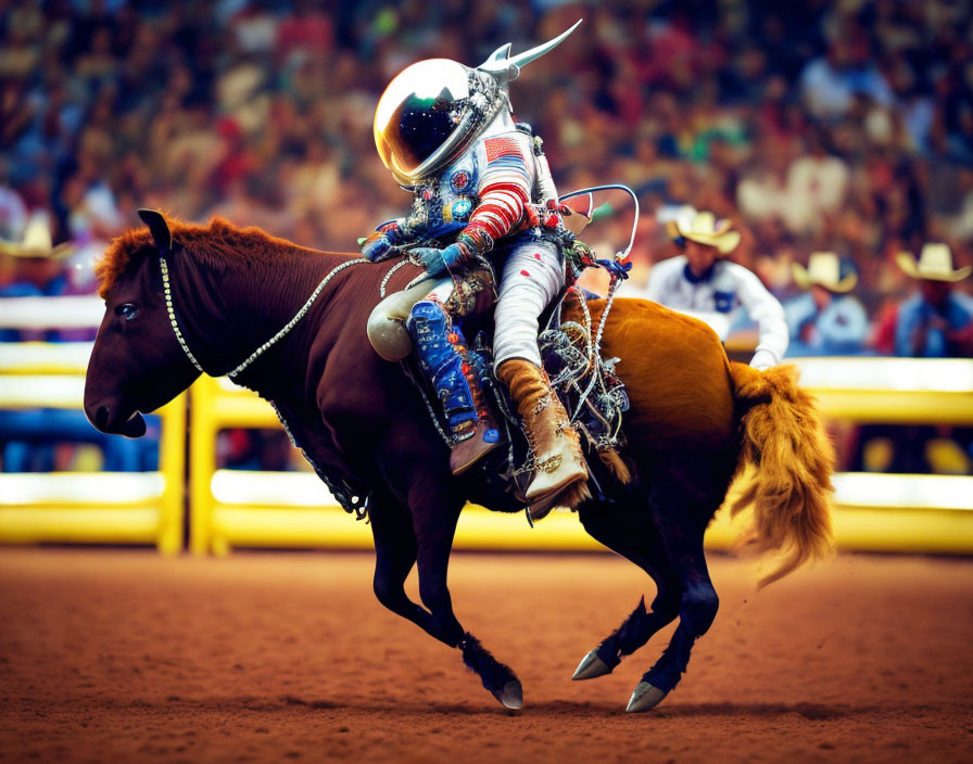 Astronaut riding bucking horse in rodeo arena with spectators