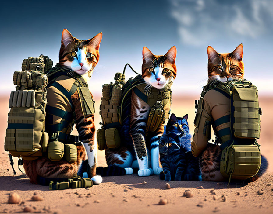 Military-themed cats in desert with backpacks and serious expression