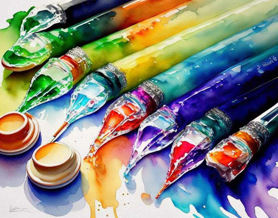 Colorful Watercolor Painting of Fountain Pens Dipped in Ink