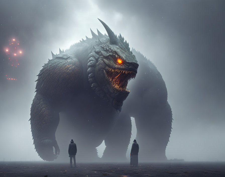Giant monster with glowing eyes looms over silhouetted figures