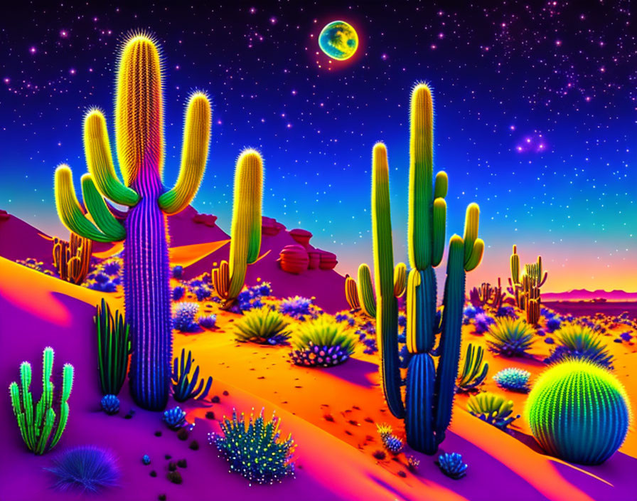 Colorful desert night scene with neon lights, cacti, stars, and green planet