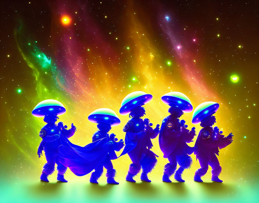 Colorful Cartoon Aliens with UFO Hats Marching in Cosmic Background