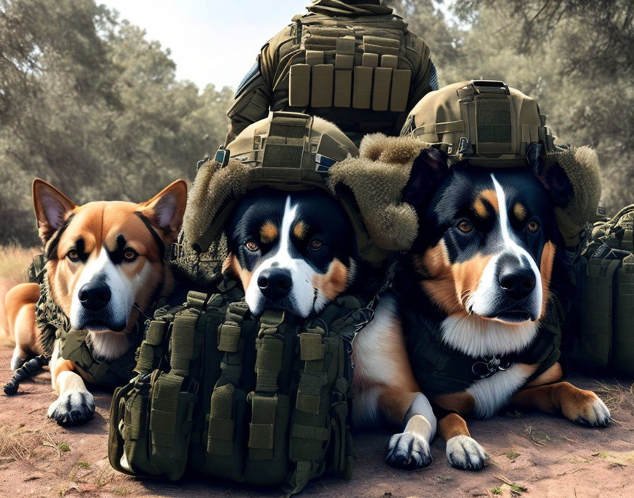 Three dogs with military-style backpacks in a forest.