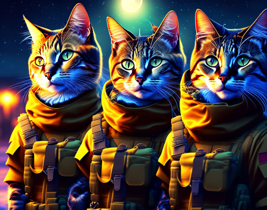 Illustrated cats in tactical vests under starry sky