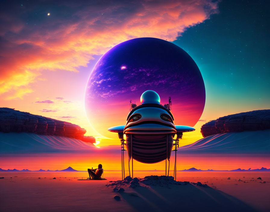 Futuristic spaceship and alien desert landscape at sunset