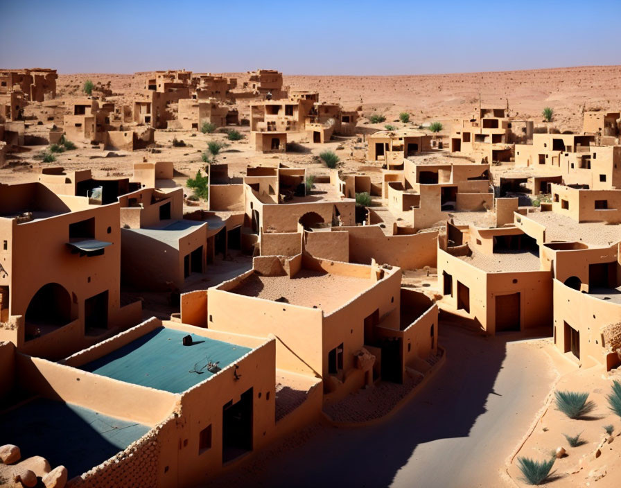 Traditional desert village: Earthen buildings, narrow streets, clear blue sky