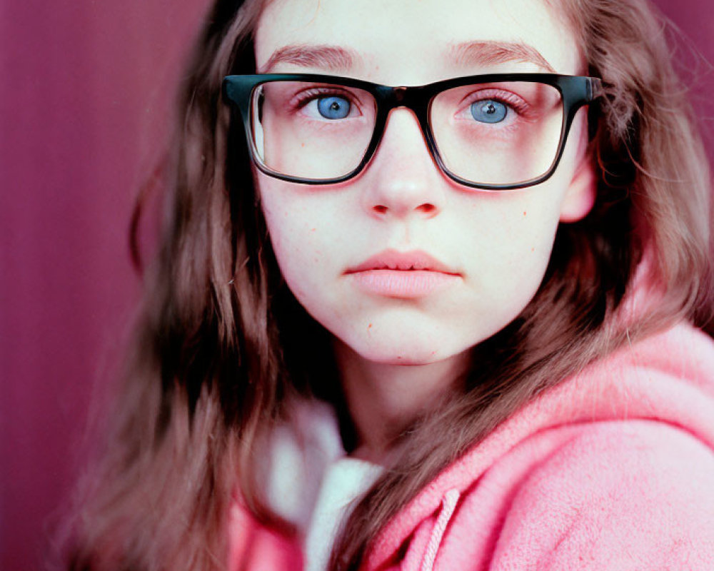 Young girl with blue eyes in black-rimmed glasses and pink hoodie gazes thoughtfully