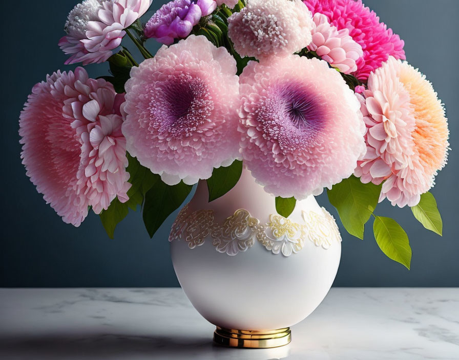 Multicolored flowers in ornate white vase with floral relief designs