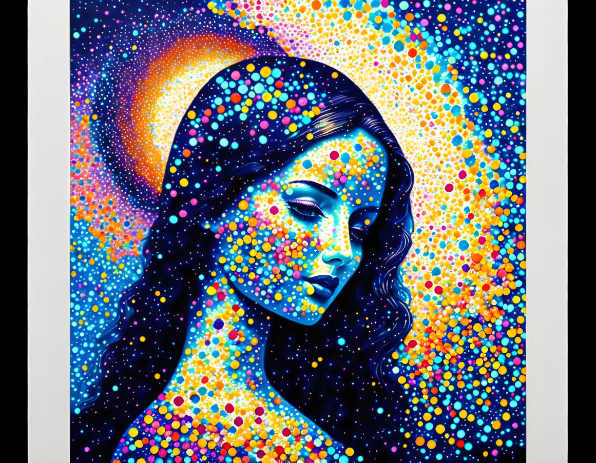 Colorful cosmic digital artwork of a woman's profile with vibrant dots.