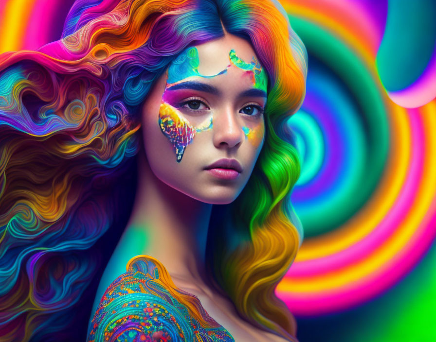 Colorful portrait of a woman with vibrant makeup and hair on swirling background