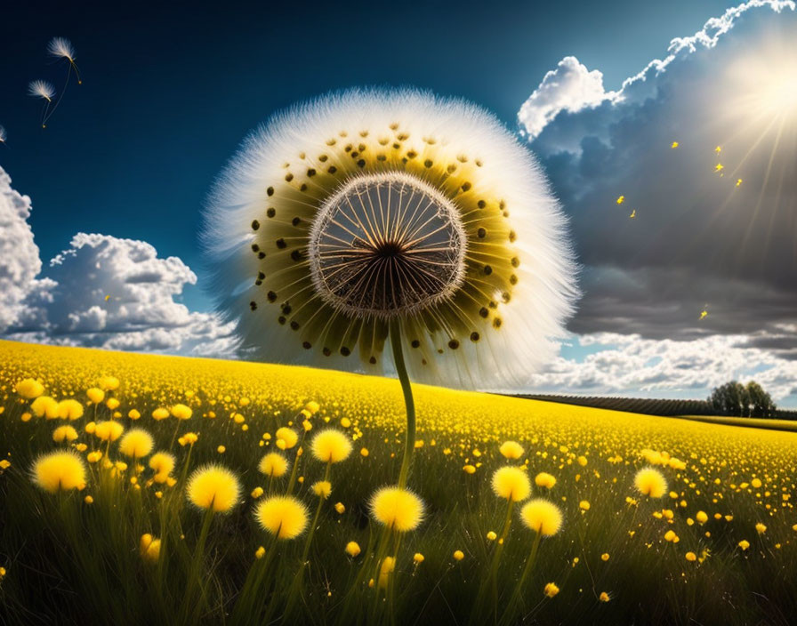 Yellow Flower Field with Giant Dandelion and Seeds in Sunny Sky