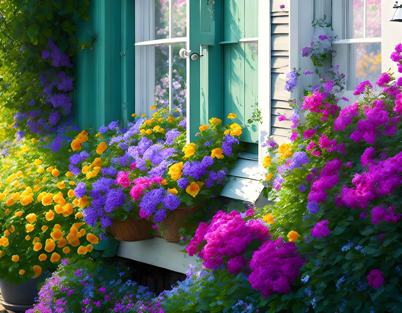 Colorful Blooming Flowers on Window Ledge with Teal Shutters