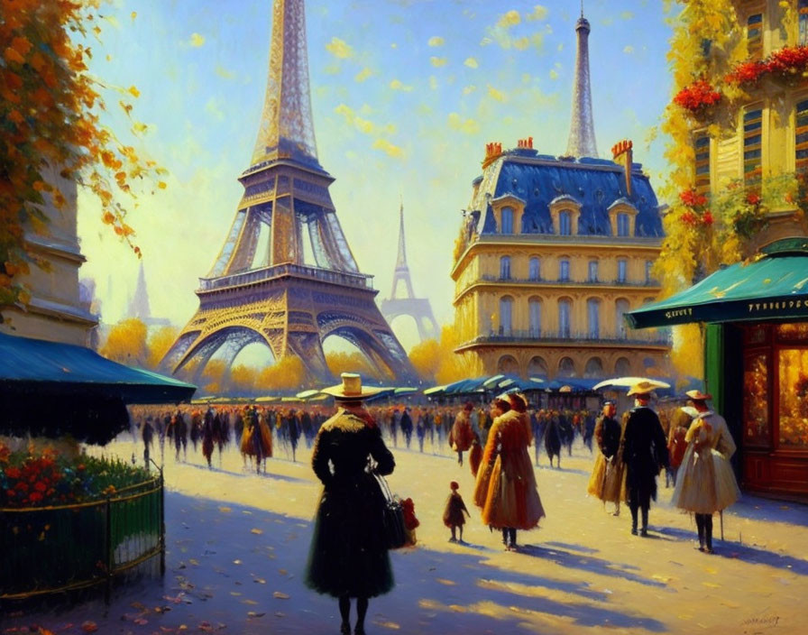 Impressionistic Paris Street Scene with Eiffel Tower and Autumn Leaves