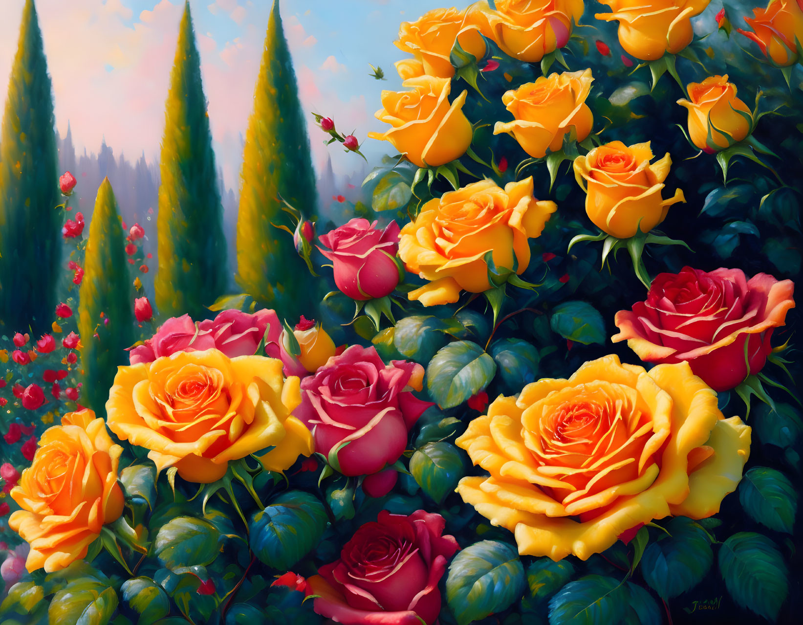Colorful painting of yellow and red roses with cypress trees under a blue sky