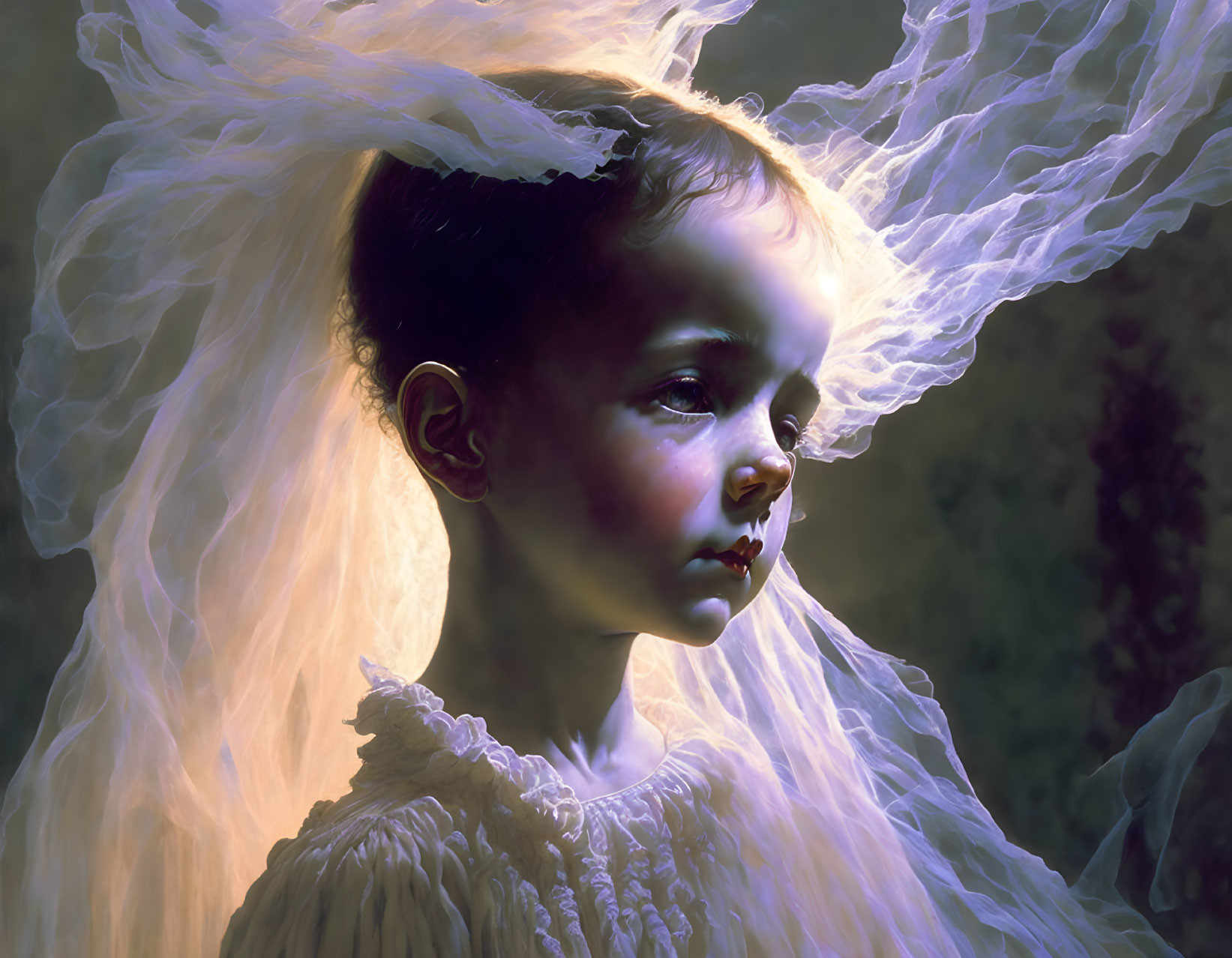 Young girl with delicate features in ethereal glow with dynamic hair wisps in dark setting