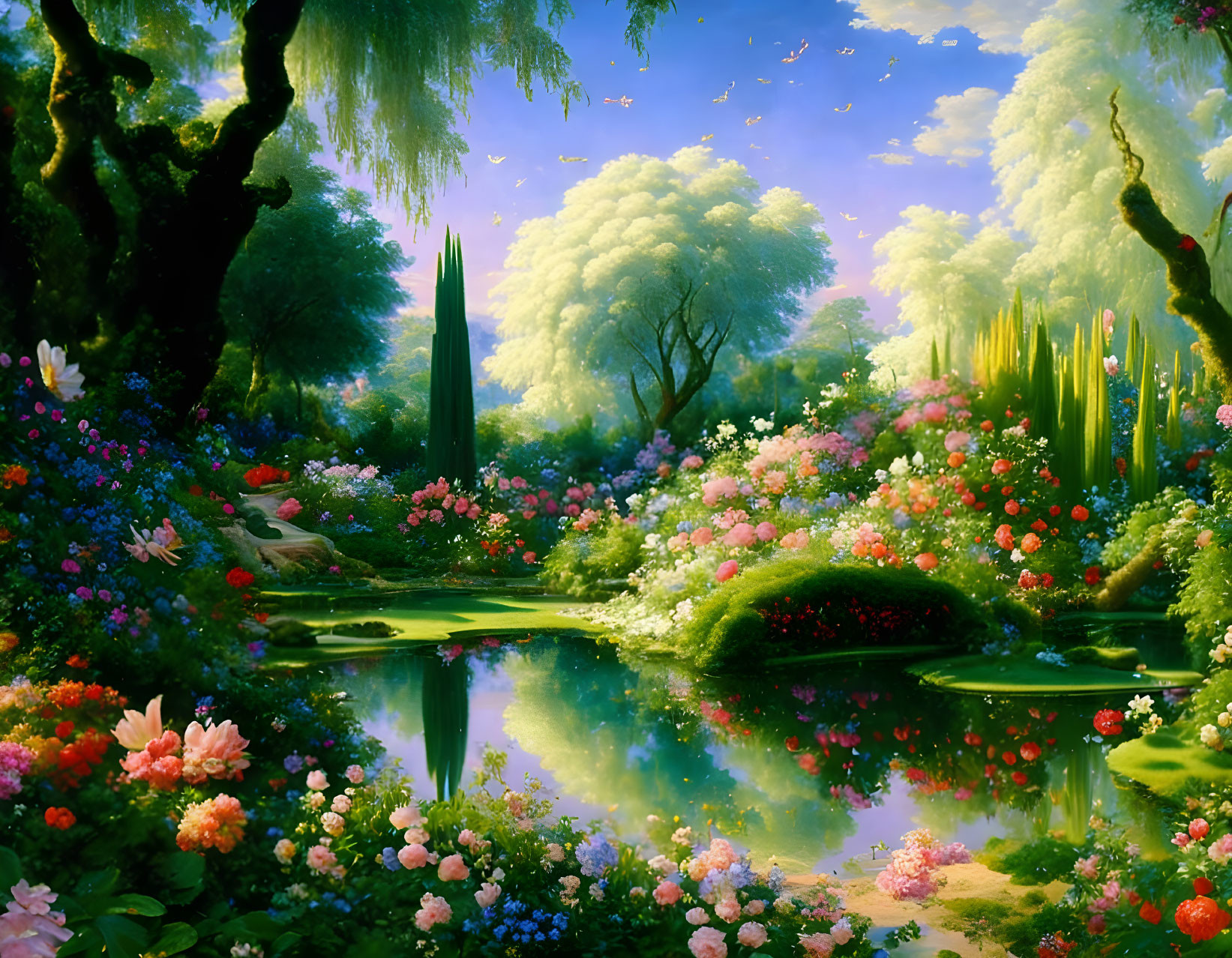 Fantastical landscape with lush greenery, colorful flowers, serene pond