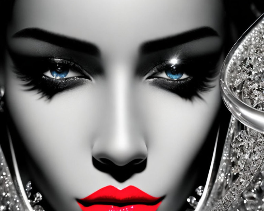 Digital Portrait Featuring Woman with Striking Blue Eyes and Red Lipstick