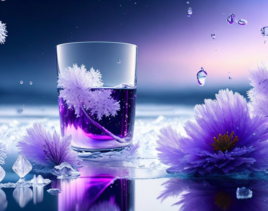 Purple liquid in glass with ice crystals, flowers, and water droplets on reflective surface