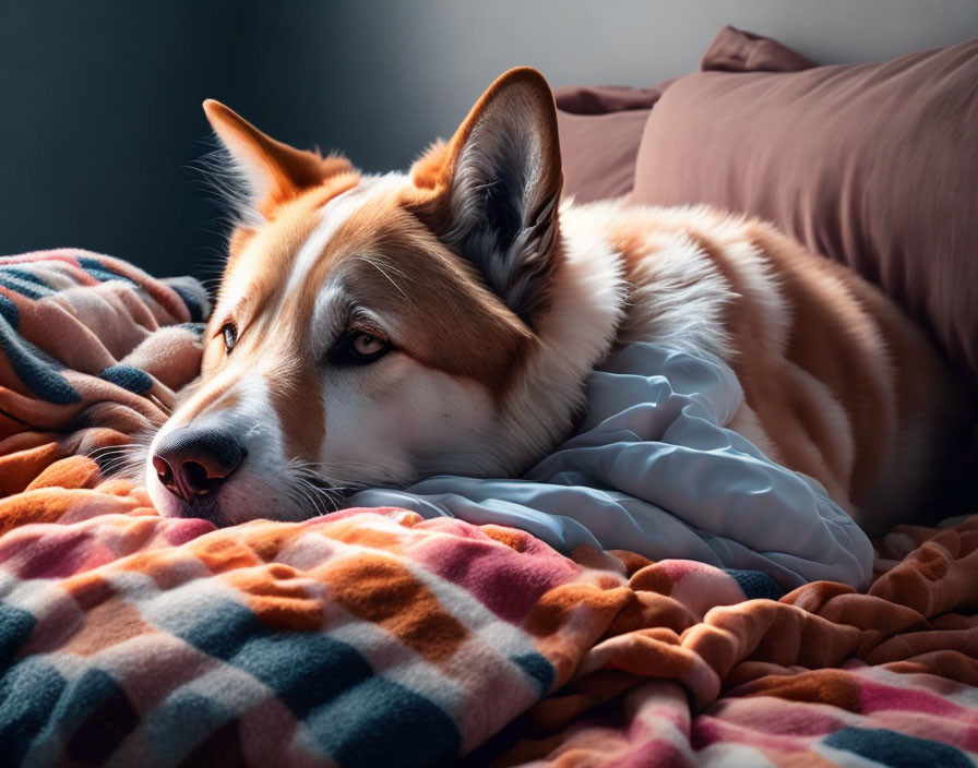 Brown and White Dog Resting on Colorful Blanket with Soft Natural Light