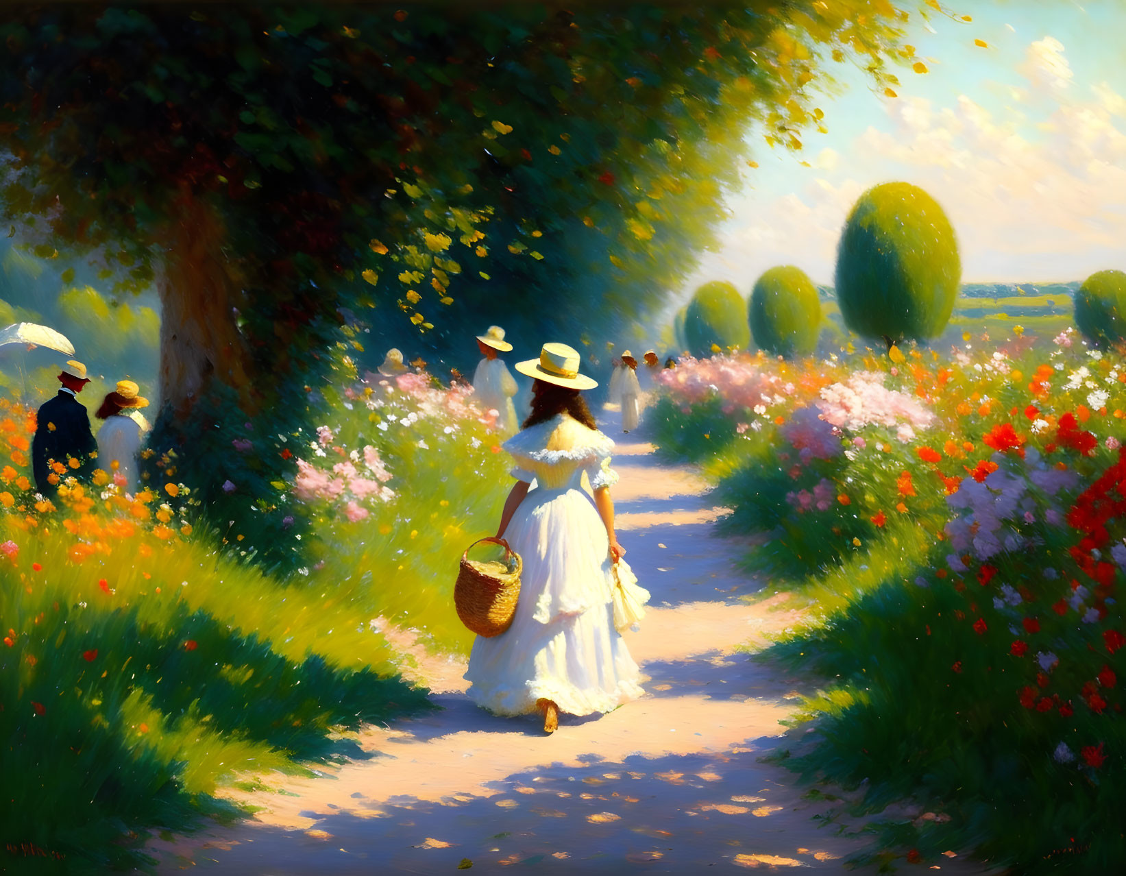 Woman in white dress and hat walking on sunlit path with flowers and trees, carrying a basket.