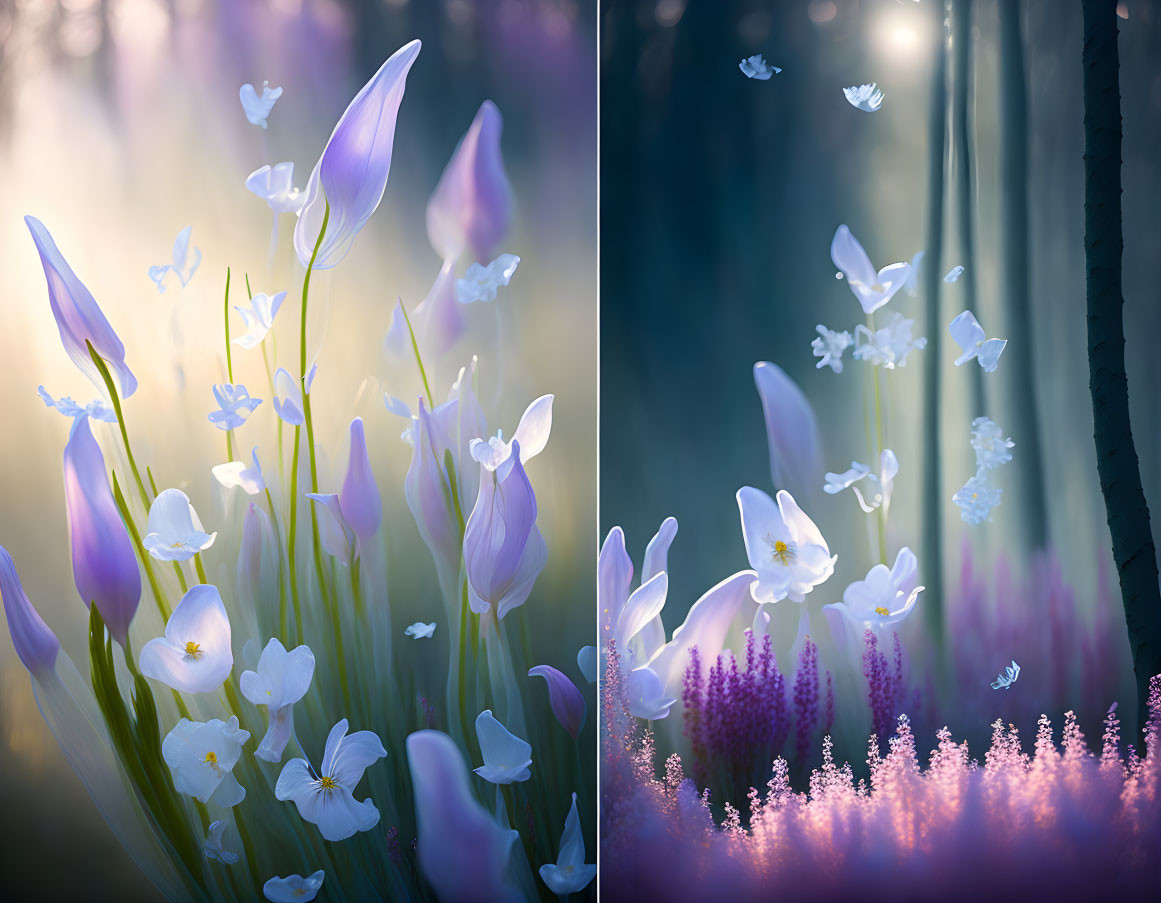 Purple and White Flowers Diptych with Butterflies and Forest Trees