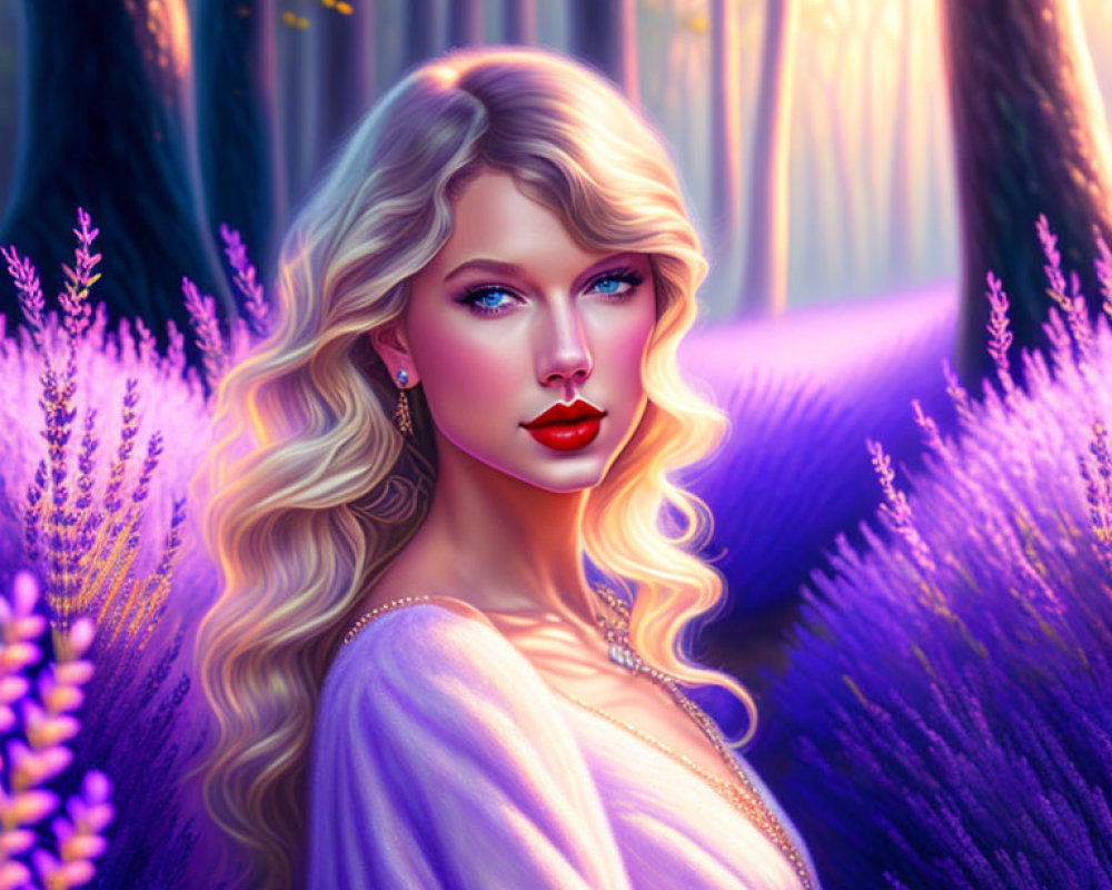 Blonde Woman with Red Lipstick in Purple Dress in Lavender Forest