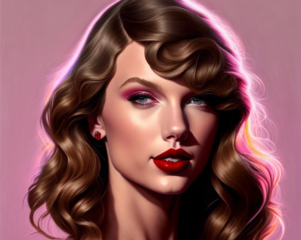 Woman with Wavy Hair and Red Lipstick on Pink Background