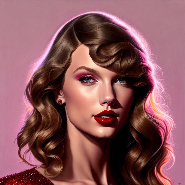 Woman with Wavy Hair and Red Lipstick on Pink Background