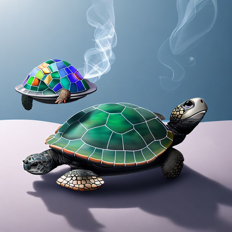 Colorful Geometric Turtle Artwork on Gradated Background with Smoke Wisps