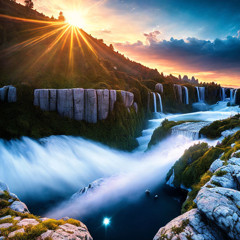Scenic sunrise over cascading waterfall and cliffs