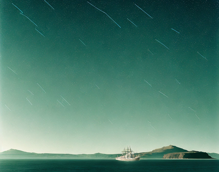 Night Seascape with Sailing Ship and Star Trails
