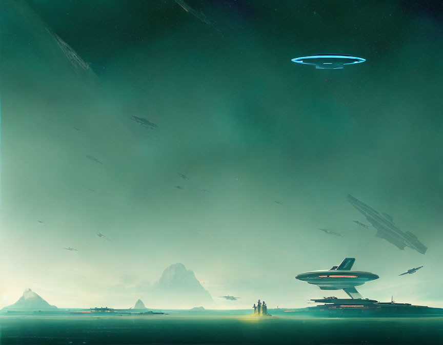 Futuristic landscape with flying saucers and people under green sky