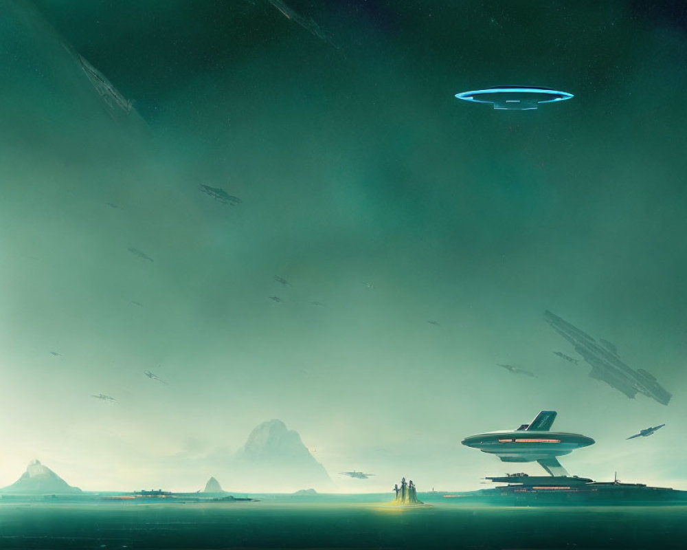 Futuristic landscape with flying saucers and people under green sky