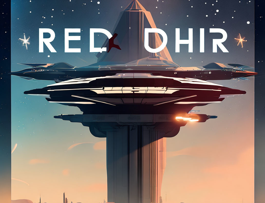 Futuristic spaceship shaped like a mushroom in starry sky with "RED OHR" text